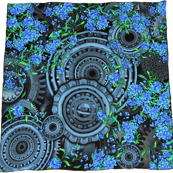 100% silk square scarf wrap "Forget-me-nots" grey blue floral - Picture 1 of 8